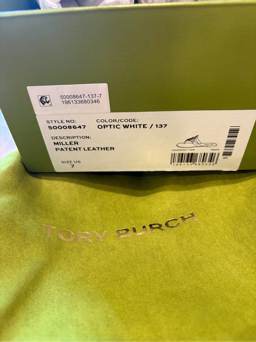 Tory Burch Optic White Miller Patent Leather Sandal Box & Dust Bag - Picture 3 of 6